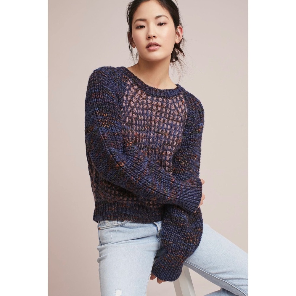 Anthropologie Moth Hillwalk Sweater Navy Blue Wool Mohair Chunky Knit medium